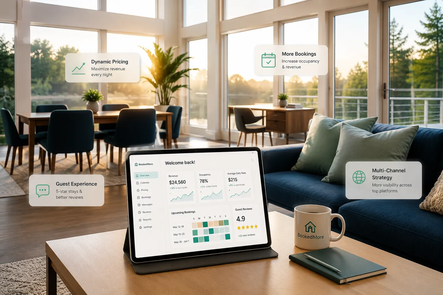BookedMore dashboard showing dynamic pricing, bookings and guest reviews for a short-term rental property