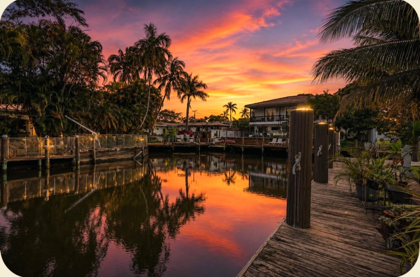 Sunset over the private dock and canal at a Fort Lauderdale home BookedMore co-hosts
